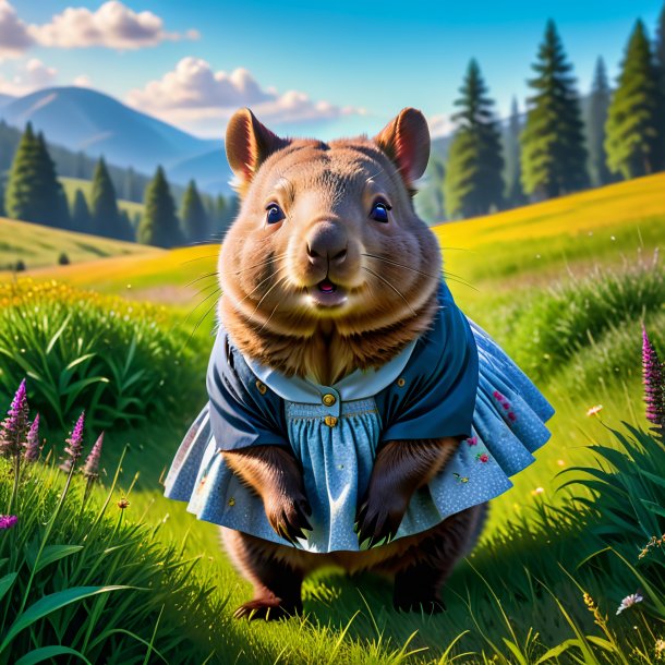 Photo of a wombat in a skirt in the meadow