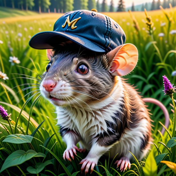 Foto de una rata en una gorra en el prado