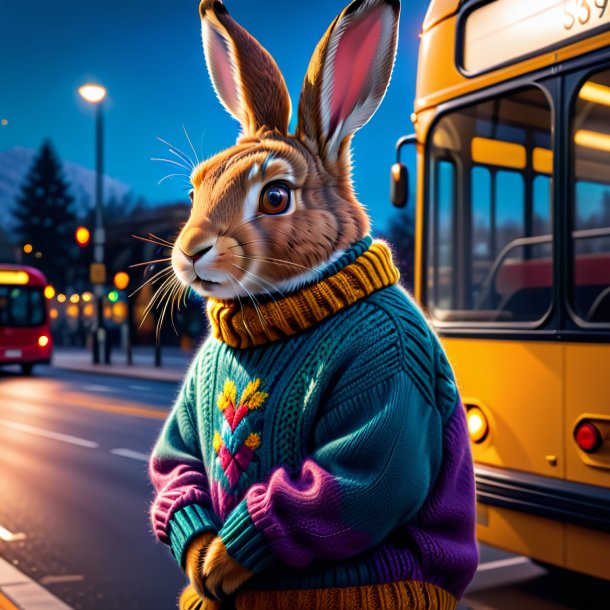 Pic of a hare in a sweater on the bus stop