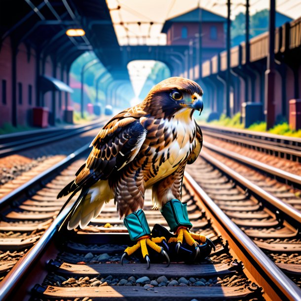 Foto de um falcão em uma luvas nos trilhos ferroviários