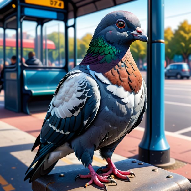 Illustration d'un pigeon dans un jean sur l'arrêt de bus