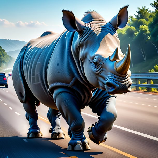 Picture of a rhinoceros in a jeans on the highway