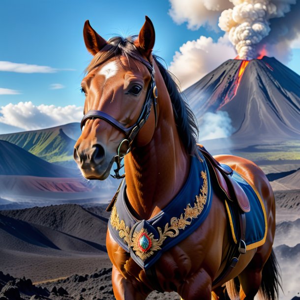 Foto de un caballo en un chaleco en el volcán