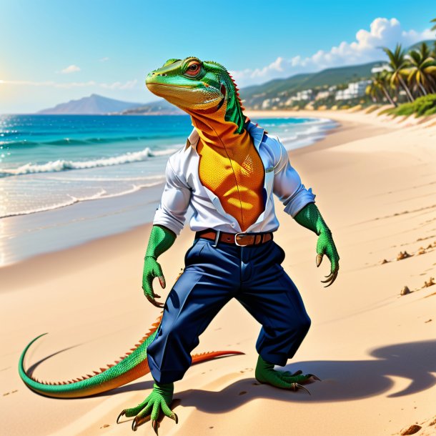 Dibujo de un lagarto en un pantalón en la playa