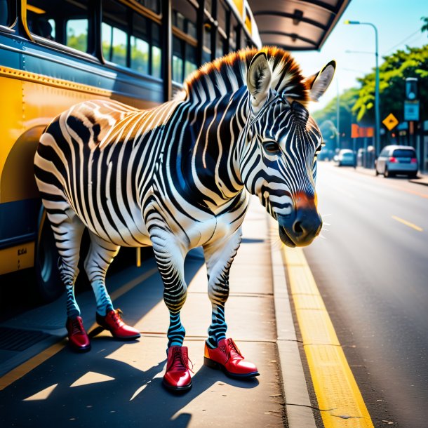 Image of a zebra in a shoes on the bus stop