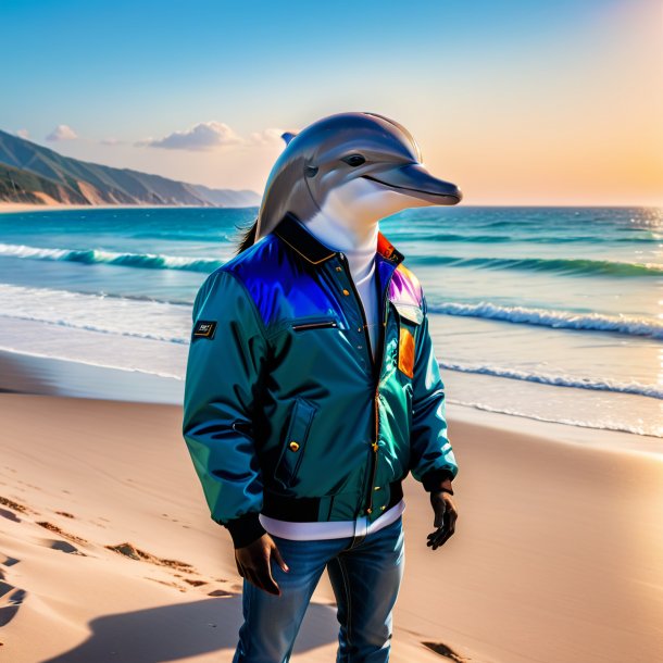 Foto de un delfín en una chaqueta en la playa