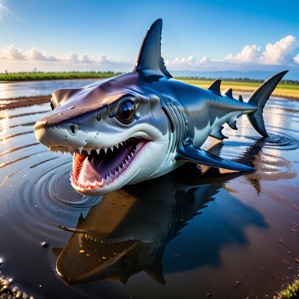 Photo of a smiling of a hammerhead shark in the puddle