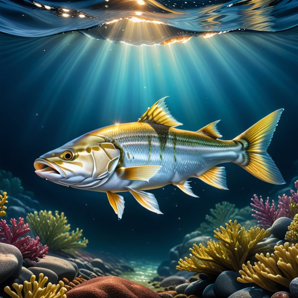 Illustration of a haddock in a jeans in the water