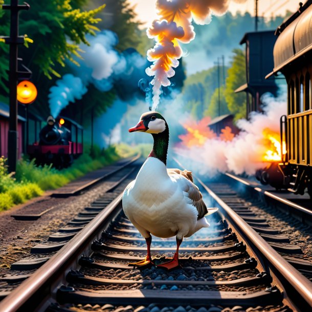 Image of a smoking of a goose on the railway tracks