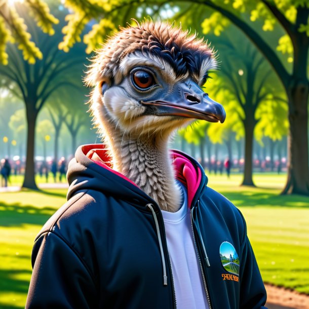 Foto de un avestruz en una sudadera con capucha en el parque