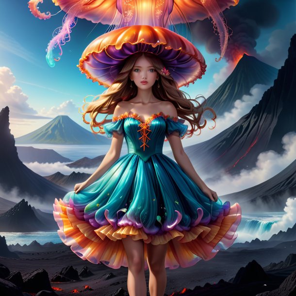 Illustration of a jellyfish in a dress in the volcano