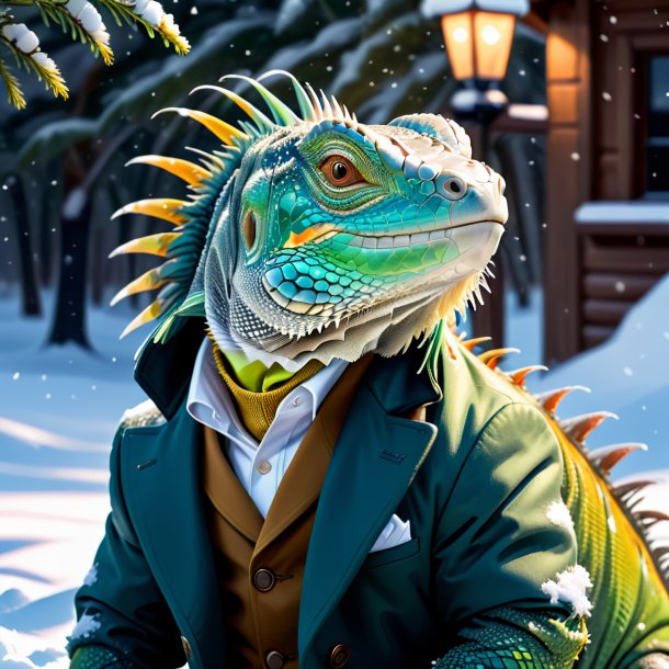 Desenho de uma iguana em um casaco na neve