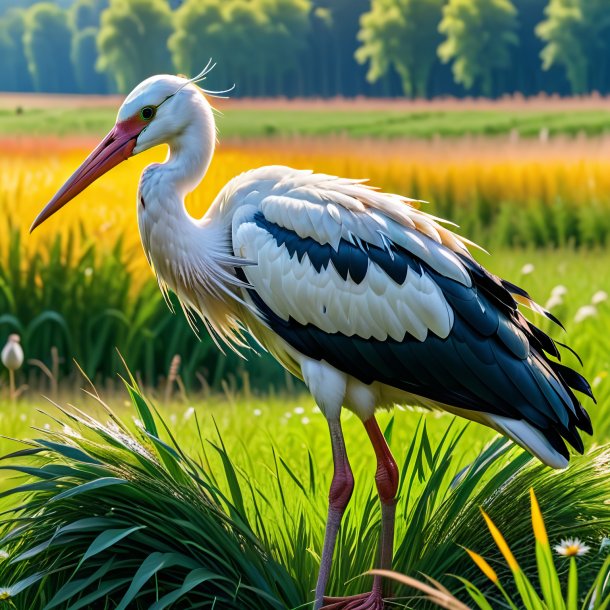 Photo d'un repos d'une cigogne dans la prairie