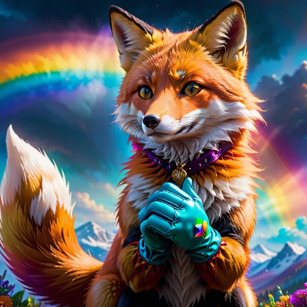 Pic of a fox in a gloves on the rainbow