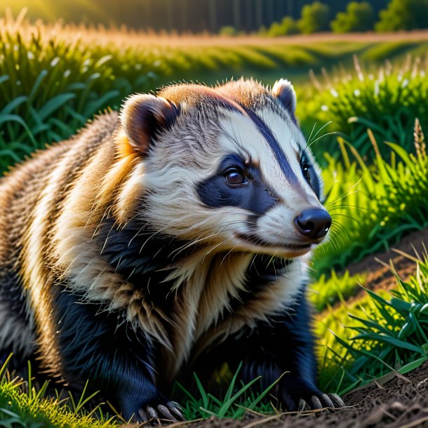 Image of a resting of a badger on the field