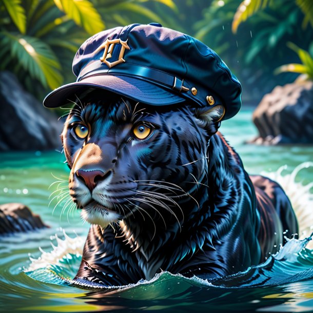 Photo of a panther in a cap in the water