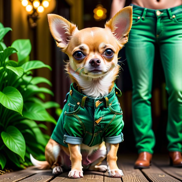 Imagem de um chihuahua em um jeans verde