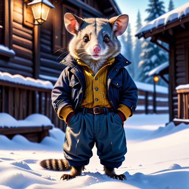 Photo of a possum in a trousers in the snow