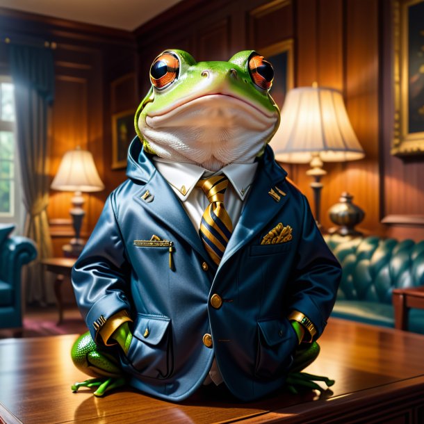 Picture of a frog in a jacket in the house