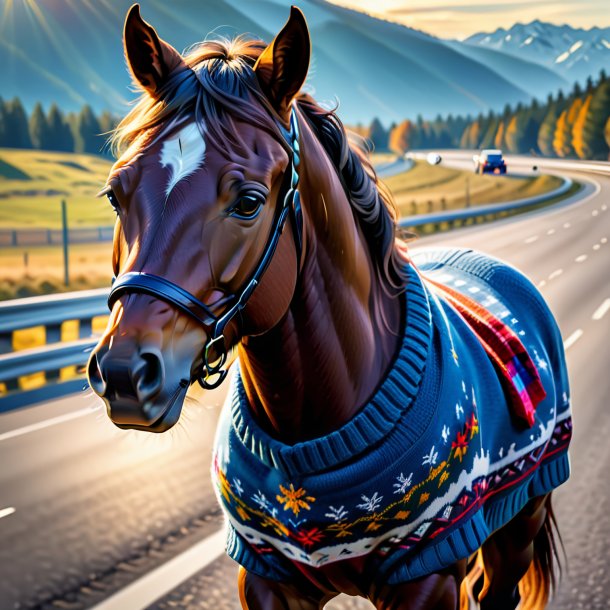 Drawing of a horse in a sweater on the highway