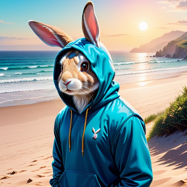 Ilustración de un conejo en una sudadera con capucha en la playa