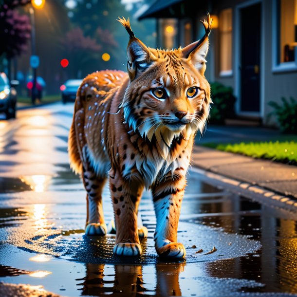 Pic of a lynx in a skirt in the puddle