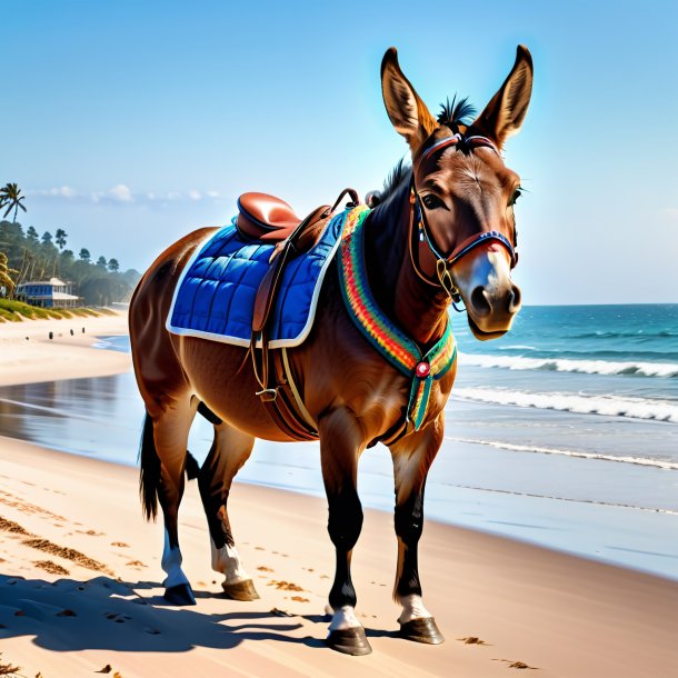 Imagem de uma mula em um colete na praia