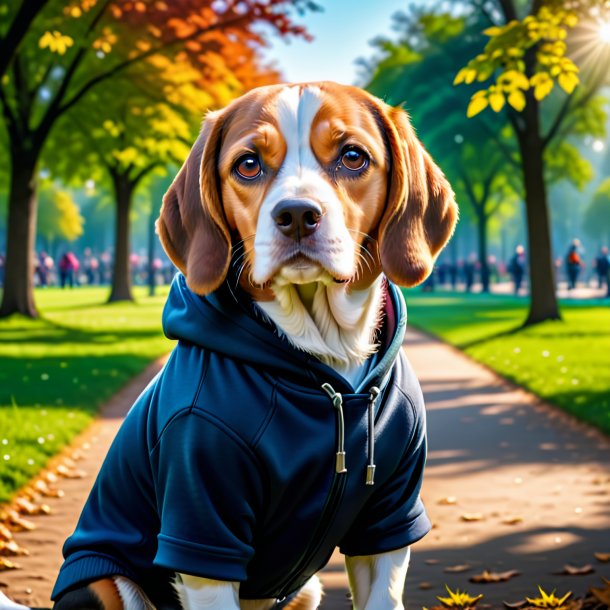 Foto de um beagle em um hoodie no parque