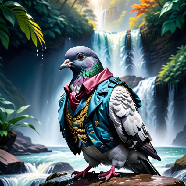 Illustration of a pigeon in a jacket in the waterfall