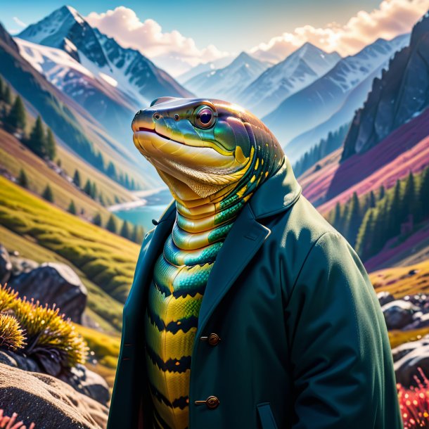 Pic of a eel in a coat in the mountains