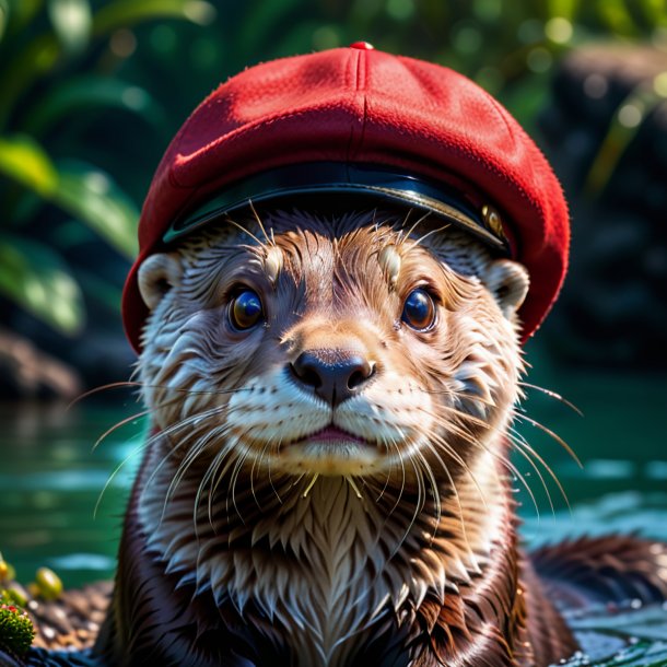 Foto de una nutria en una gorra roja