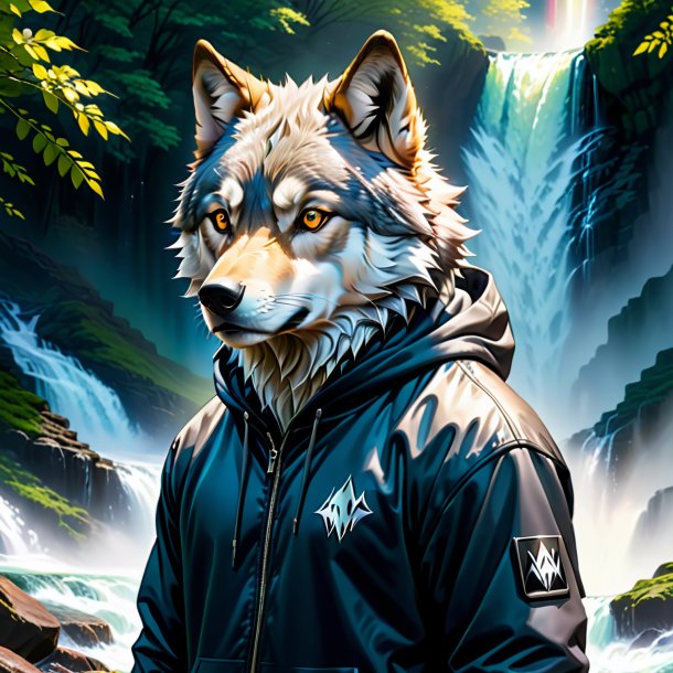 Drawing of a wolf in a hoodie in the waterfall