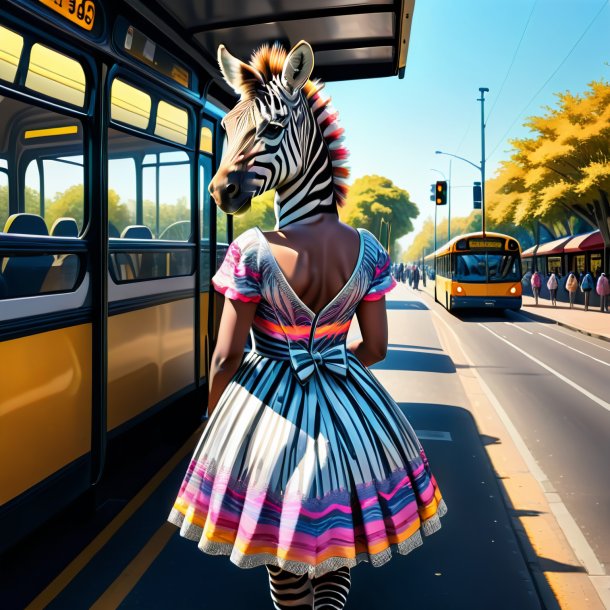 Desenho de uma zebra em um vestido no ponto de ônibus