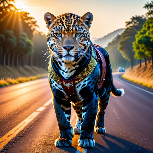 Photo of a jaguar in a vest on the road