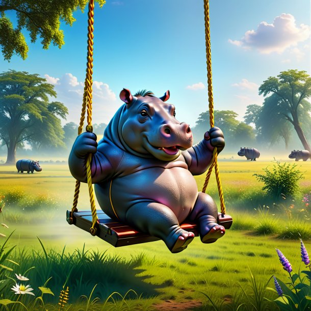 Picture of a swinging on a swing of a hippopotamus in the meadow