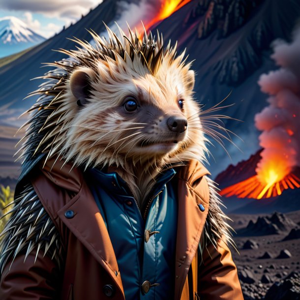 Photo of a porcupine in a coat in the volcano