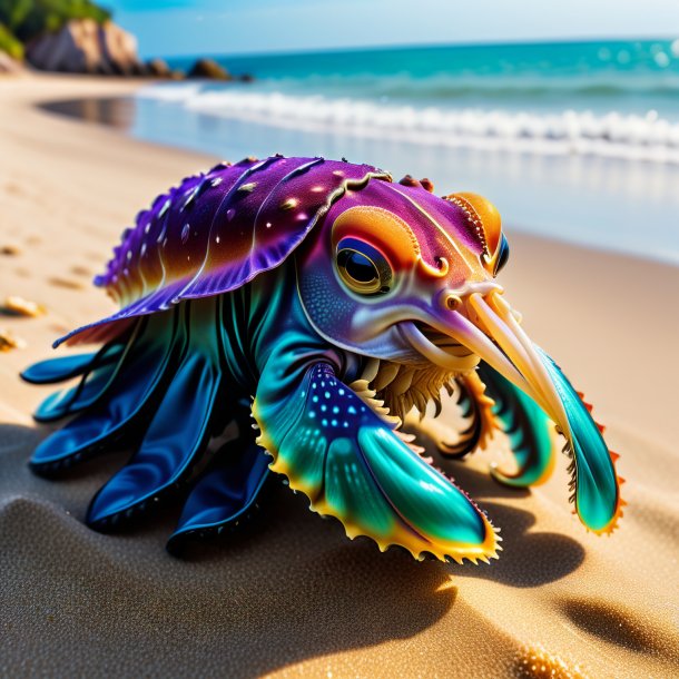 Image of a cuttlefish in a gloves on the beach