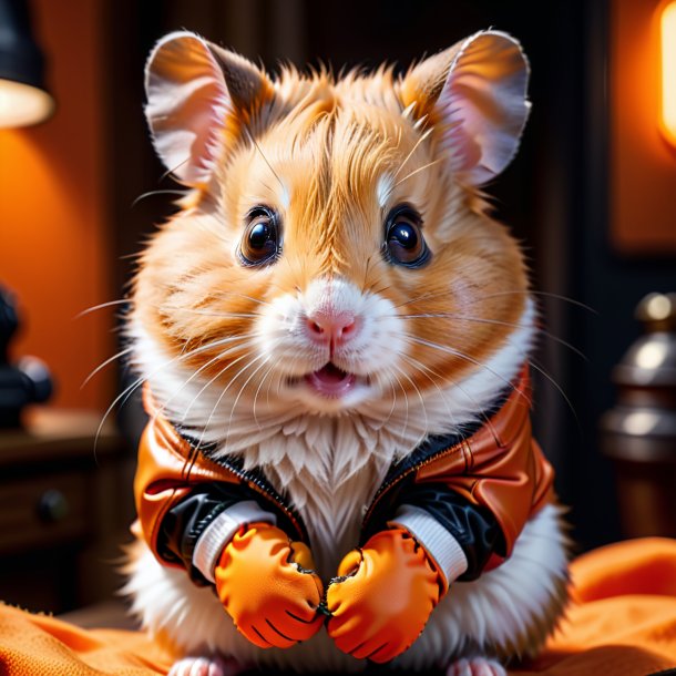 Picture of a hamster in a orange gloves