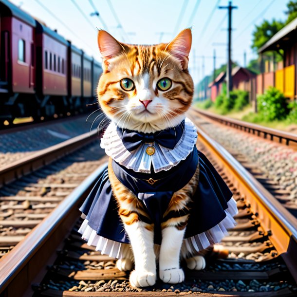 Foto de un gato en una falda en las vías del tren