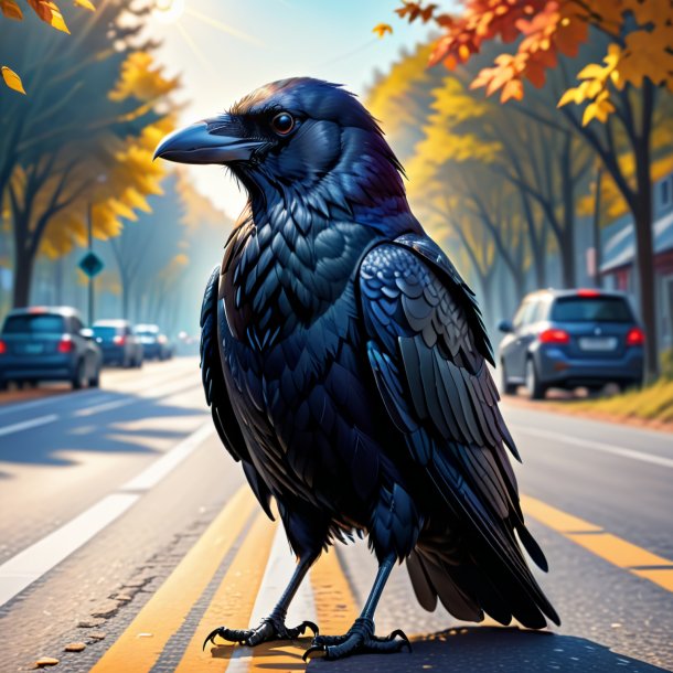 Illustration of a crow in a jacket on the road