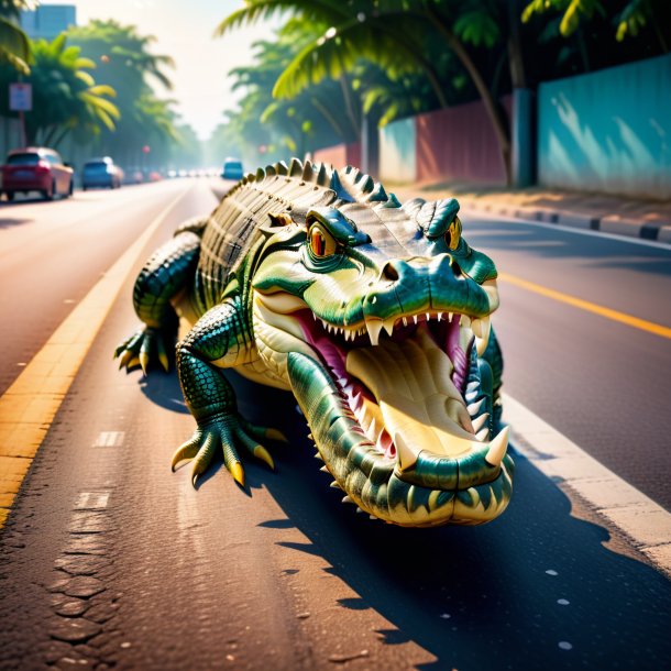 Imagem de um crocodilo em um sapato na estrada