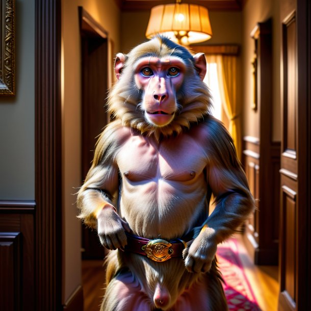 Picture of a baboon in a belt in the house