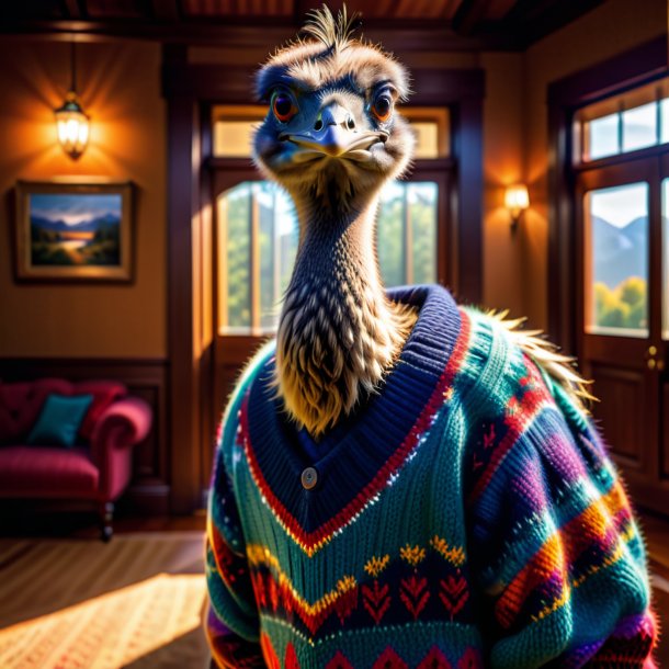 Foto de un emu en un suéter en la casa