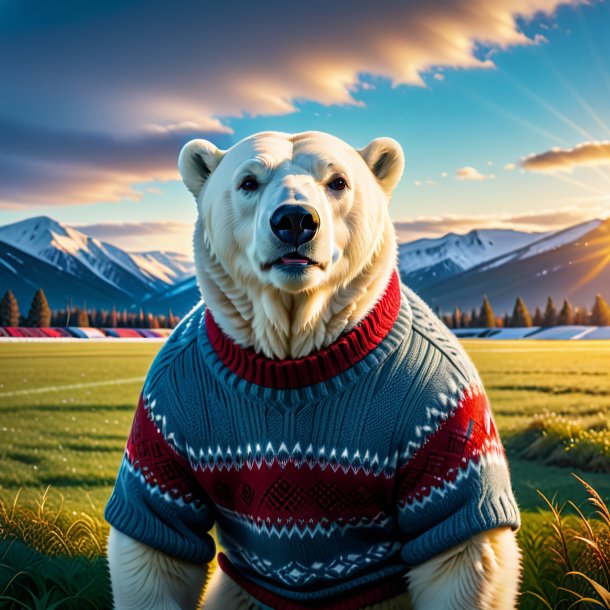 Foto de um urso polar em um suéter no campo