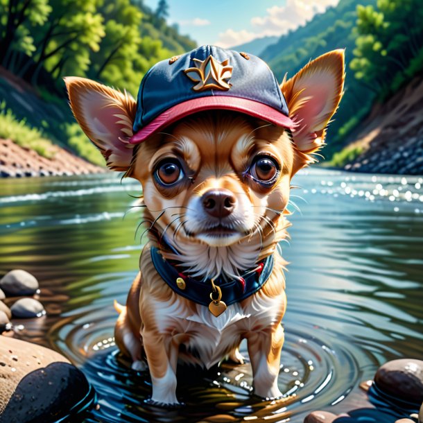 Ilustración de un chihuahua en un gorro en el río