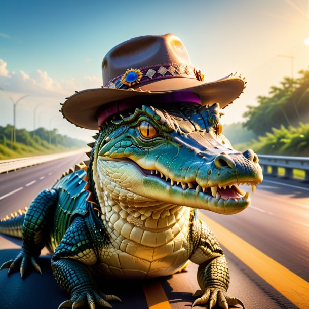 Imagen de un cocodrilo en un sombrero en la carretera