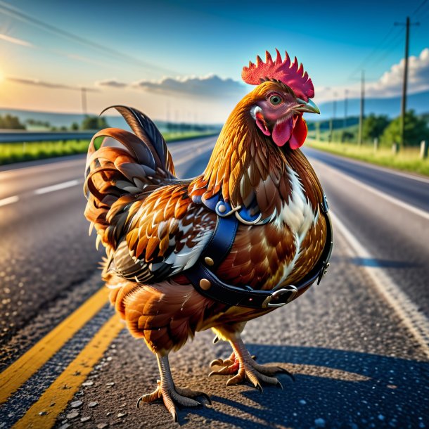 Image of a hen in a belt on the highway