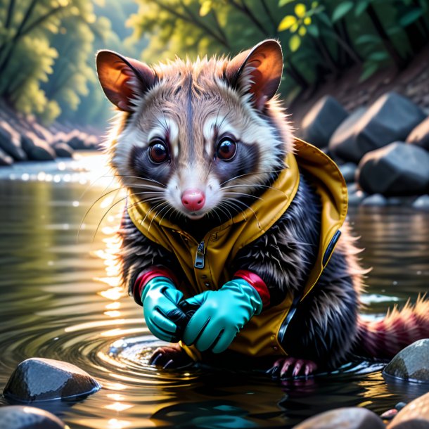 Pic d'un opossum dans un gants dans la rivière