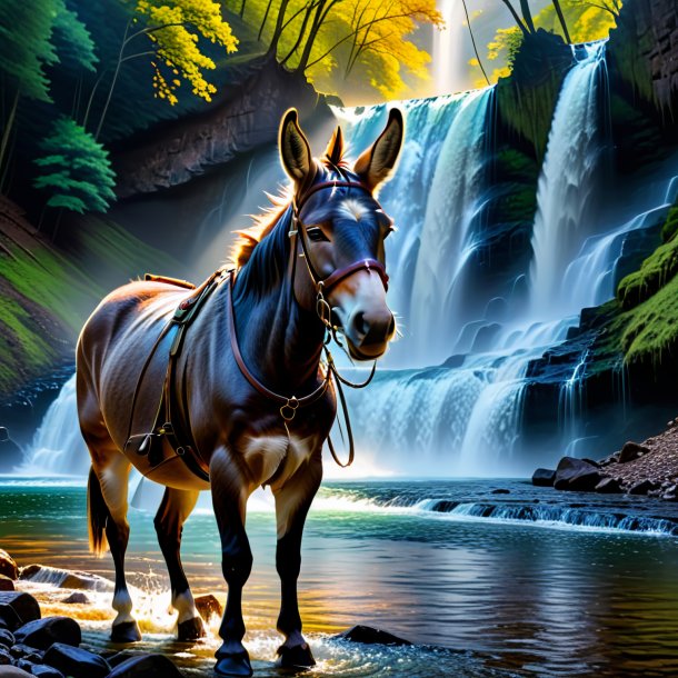 Image of a mule in a coat in the waterfall