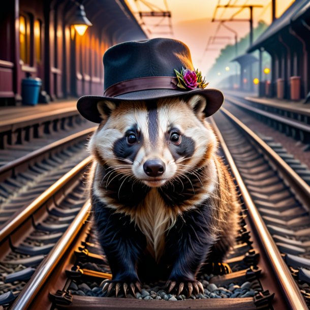 Photo of a badger in a hat on the railway tracks